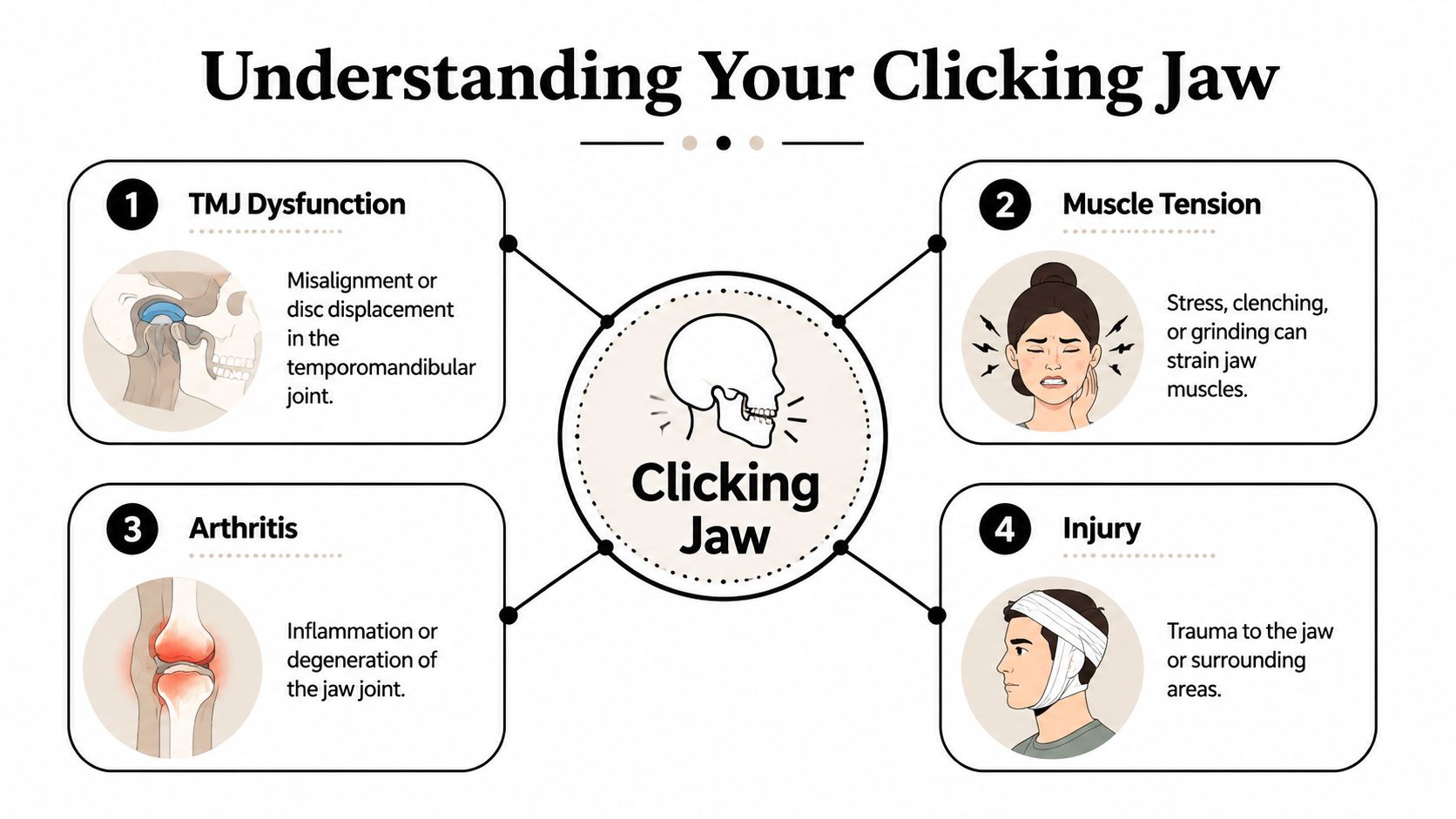 An infographic titled Understanding Your Clicking Jaw showing four common causes including TMJ dysfunction, muscle tension, arthritis, and injury.