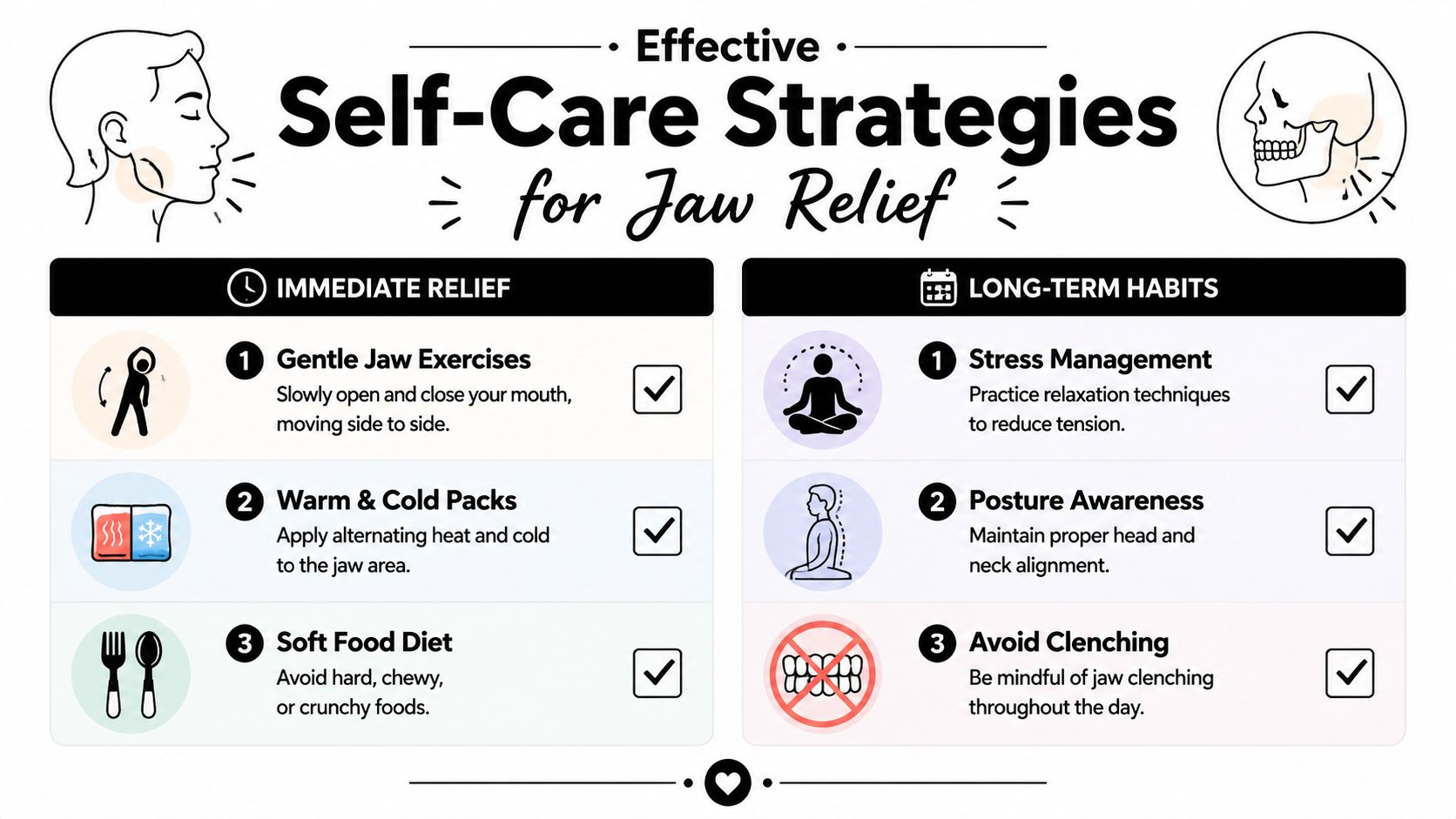 An infographic titled Effective Self-Care Strategies for Jaw Relief with immediate relief and long-term habit tips.