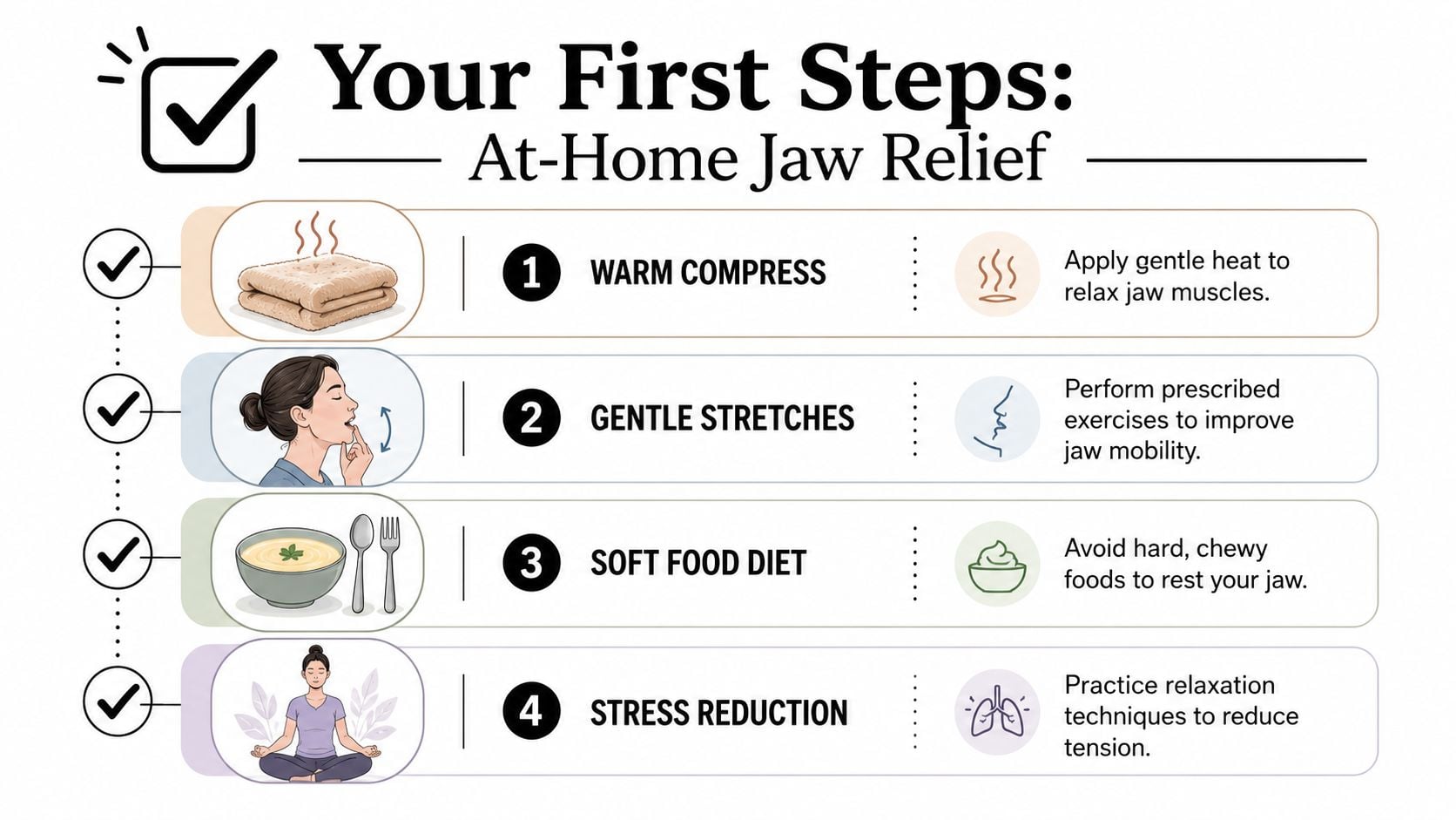 An infographic titled Your First Steps for At-Home Jaw Relief showing four simple tips including warm compress, stretches, soft foods, and stress reduction.