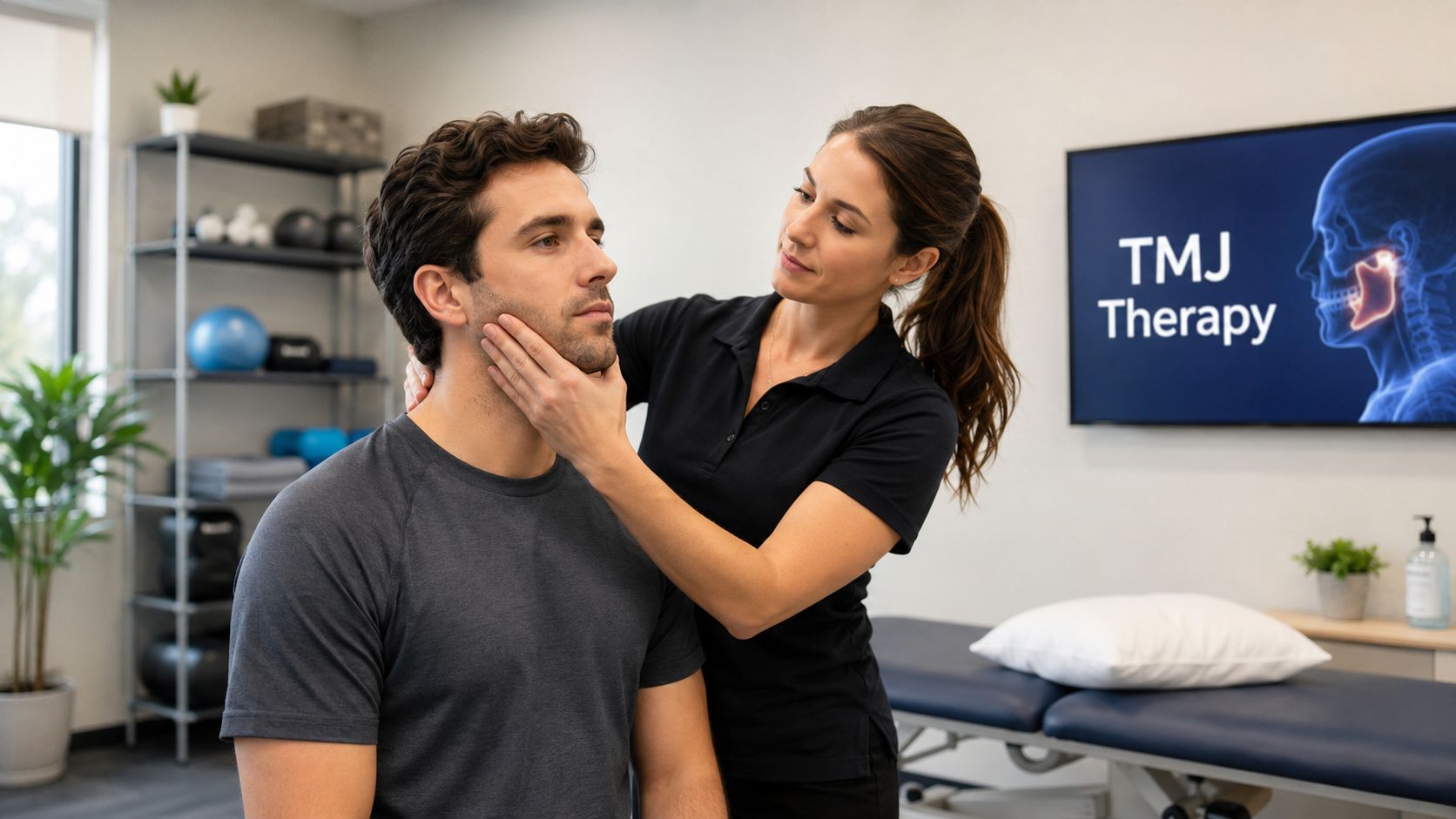 A professional therapist examines a patient's jaw in a clinic for specialized TMJ therapy sessions.