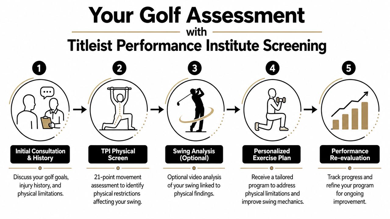 A five-step infographic showing the process of a Titleist Performance Institute golf assessment and physical screening program.
