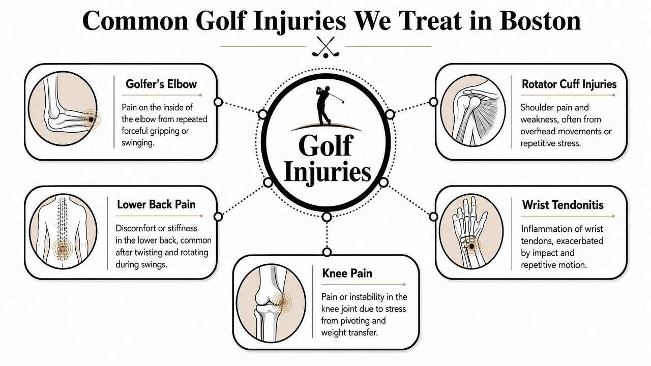 An infographic showing common golf injuries in Boston, including golfer's elbow, back pain, knee pain, and shoulder issues.
