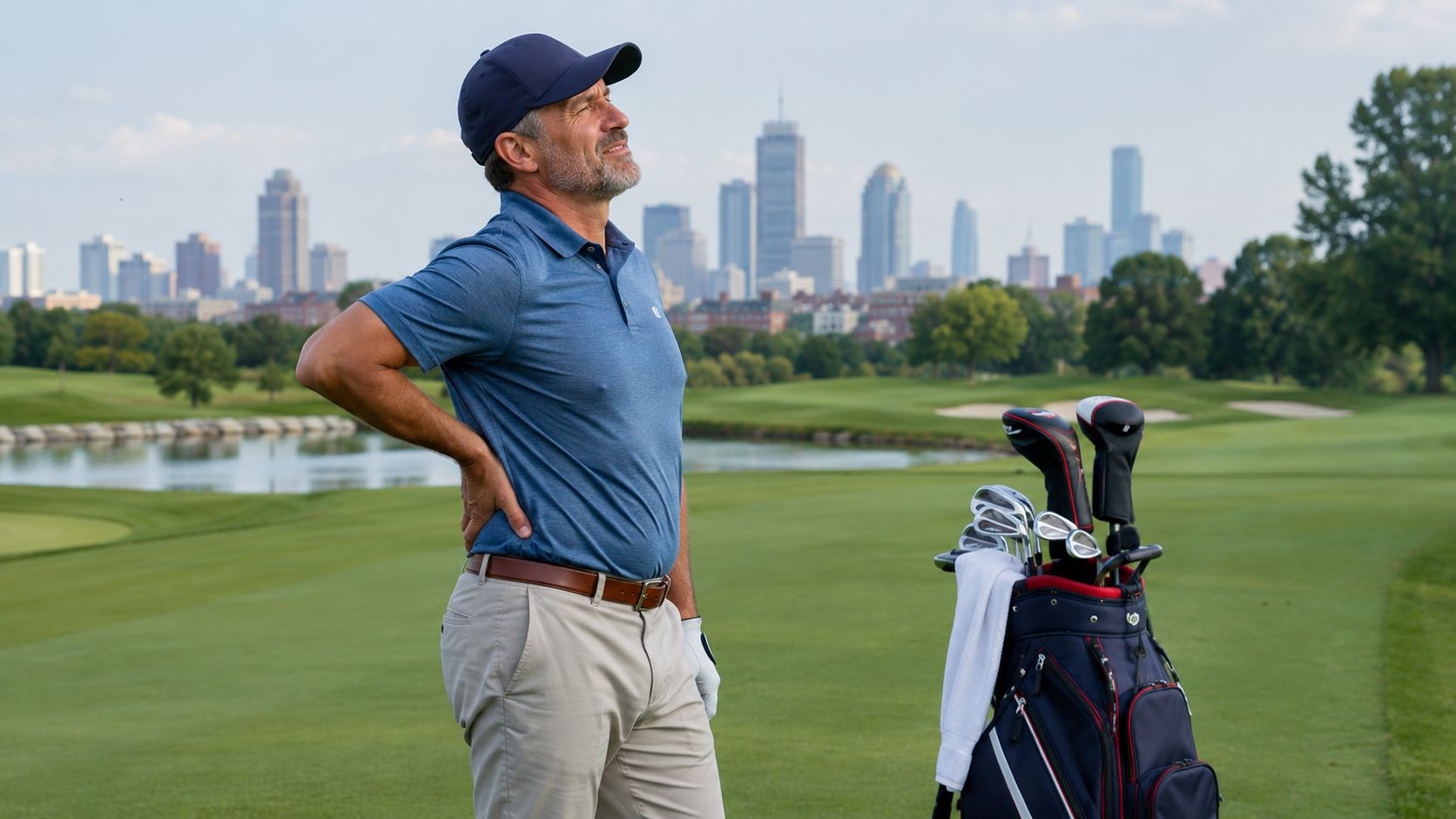 A middle-aged man standing on a golf course with the Boston city skyline in the background.