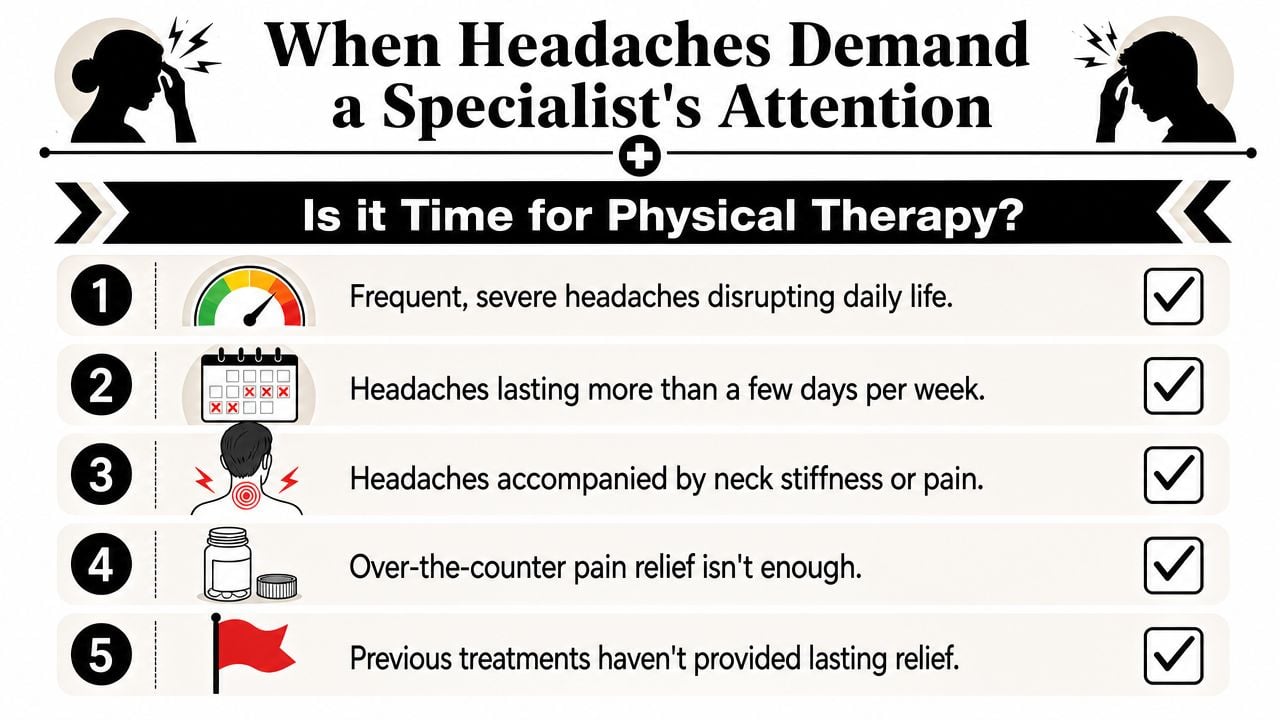 A checklist infographic titled When Headaches Demand a Specialist's Attention and Is it Time for Physical Therapy?