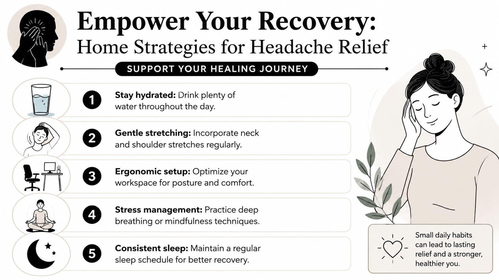 An infographic titled Empower Your Recovery, showing five home strategies for relieving headaches with simple icons.