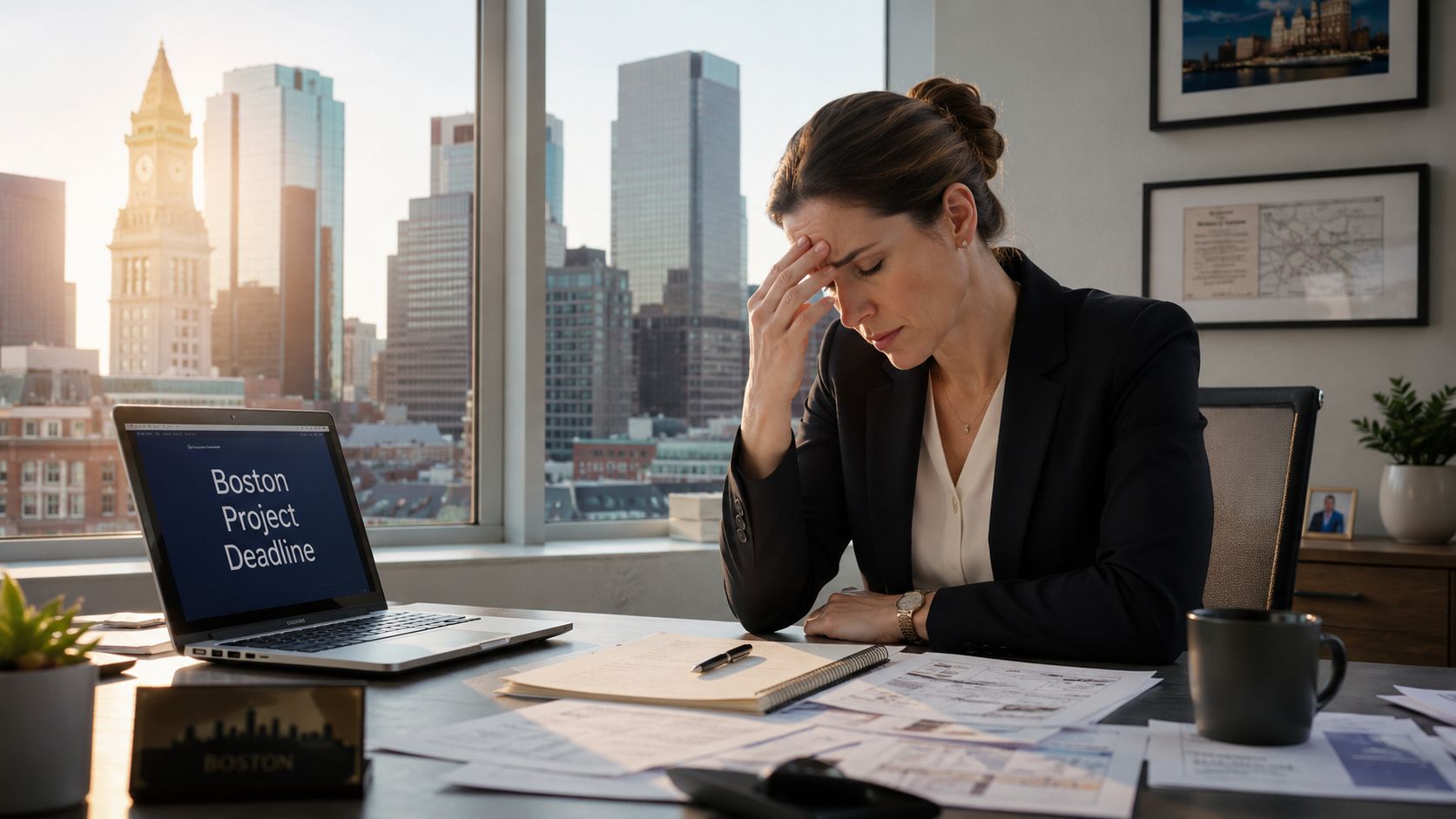 A stressed woman professional sitting at a desk with a Boston project deadline on her laptop screen.