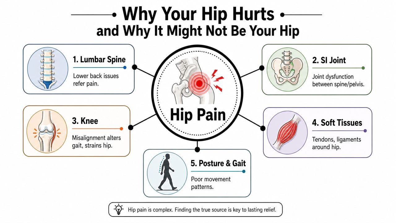An infographic showing five potential causes of hip pain other than the hip joint itself, including spine and gait.