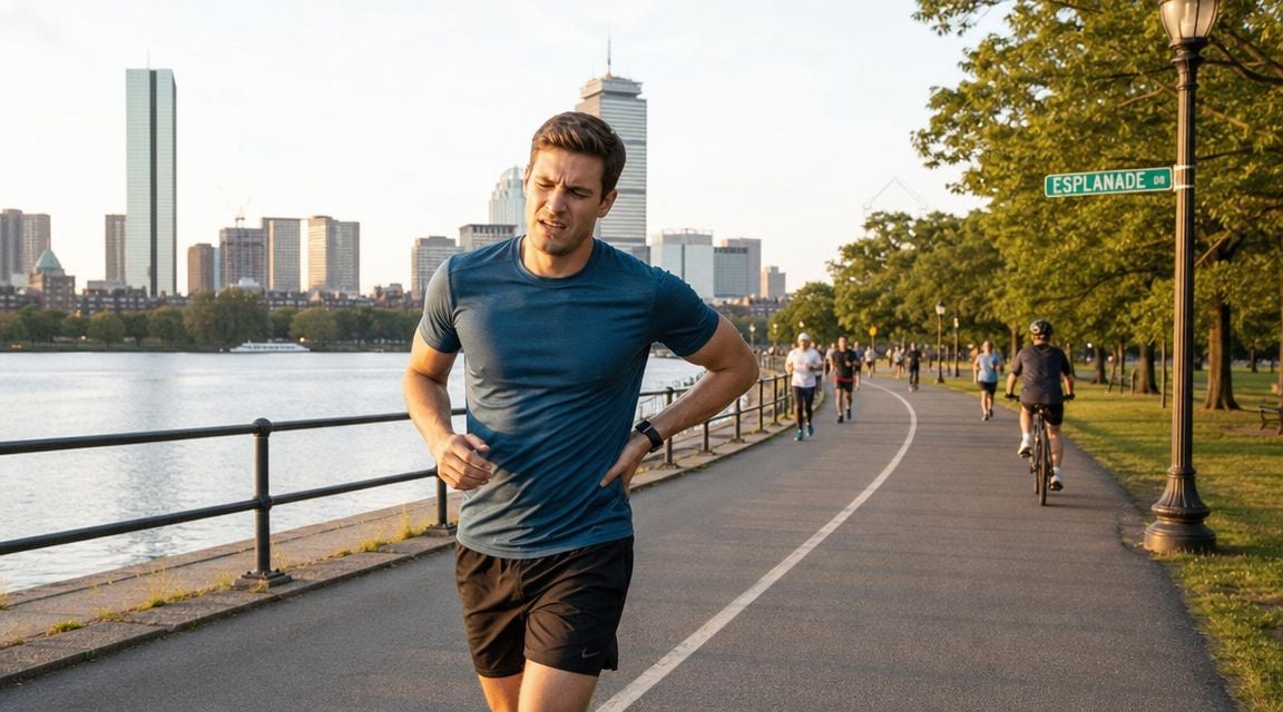 A man running along the Charles River Esplanade in Boston feeling hip pain during his workout.