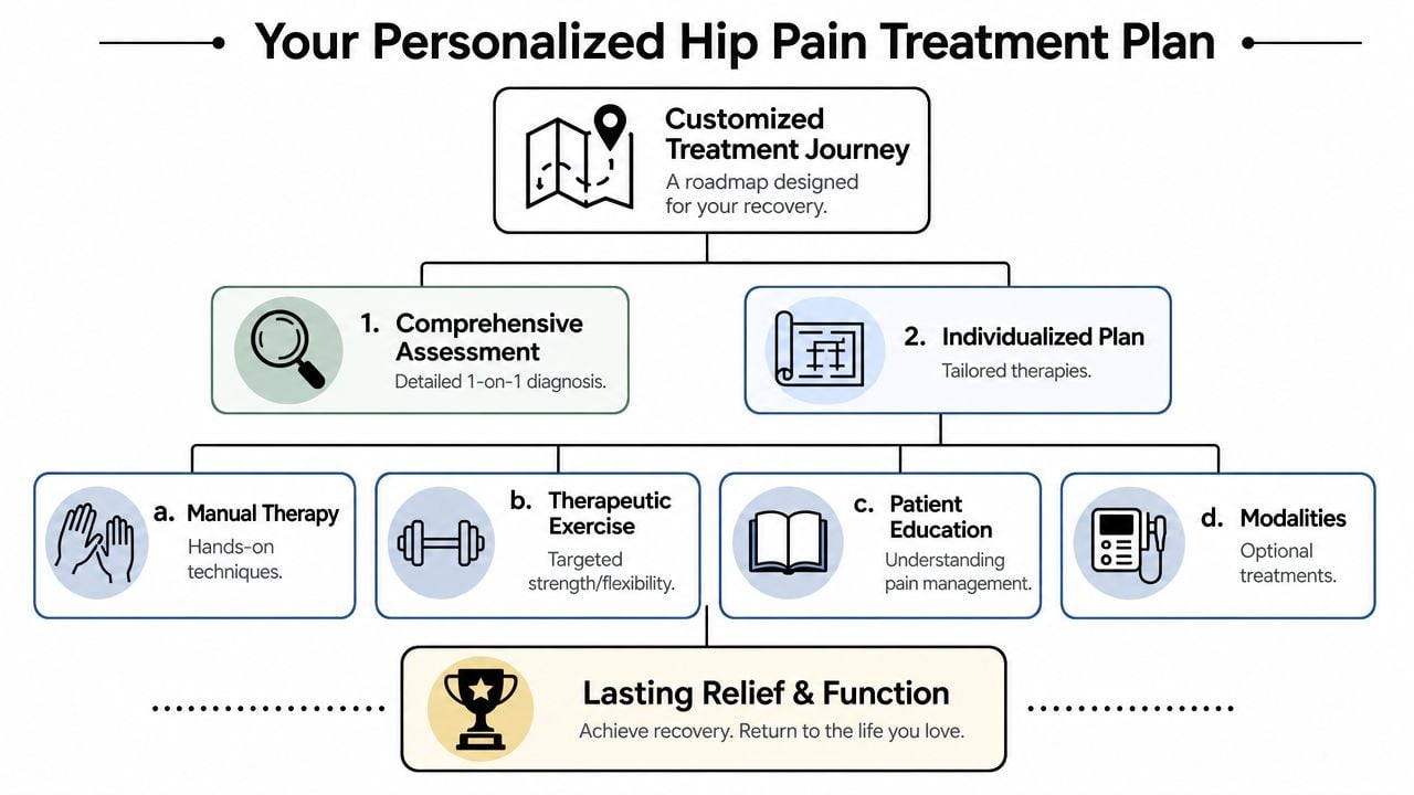 An infographic showing a personalized hip pain treatment plan flow chart from assessment to recovery.