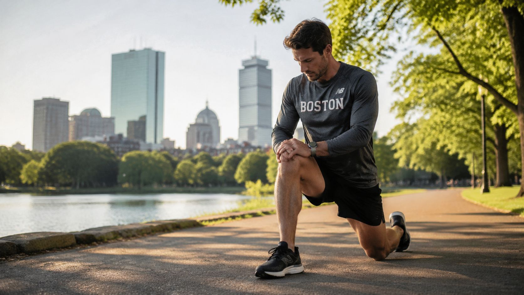 A man stretching his leg while performing a lunge on a path in a park near city skyscrapers.