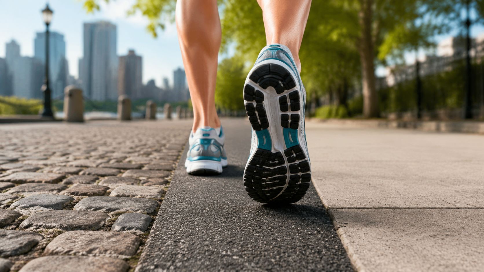 A close-up view from behind of a runner moving along a paved path in a city park.
