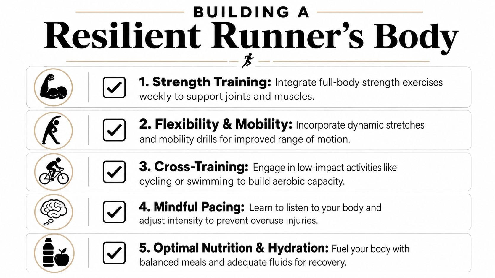 An infographic titled Building a Resilient Runner's Body listing five key tips for injury prevention.