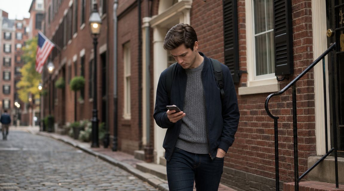 A young man walking down a historic brick street in Boston while looking at his smartphone screen.