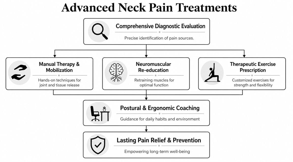 A flowchart infographic outlining advanced physical therapy treatments for neck pain including diagnosis and prevention steps.