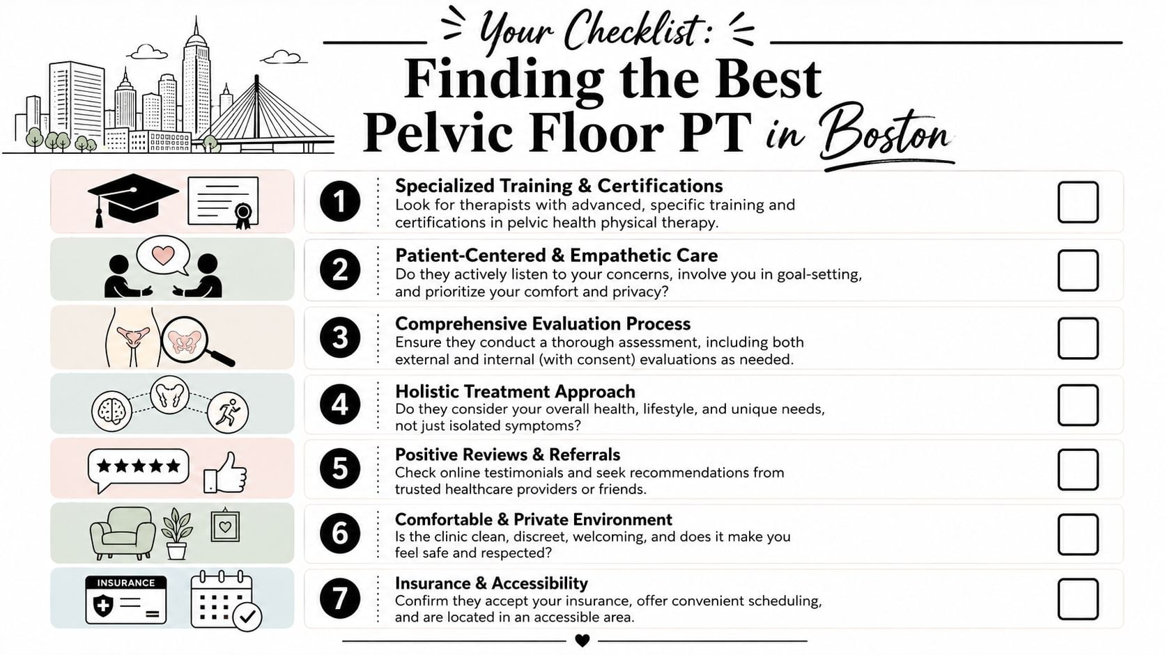 A checklist for choosing the best pelvic floor physical therapist in Boston with seven essential criteria.