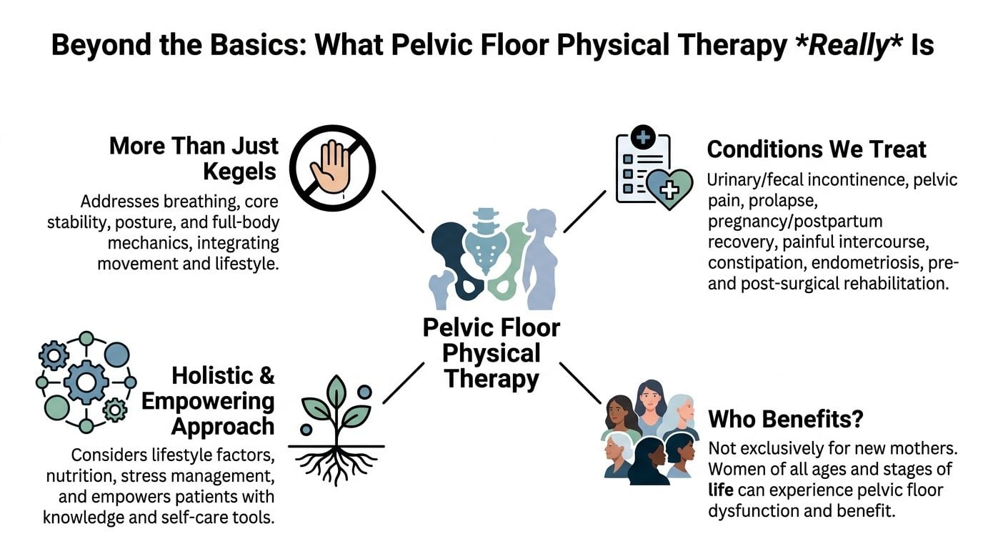 An infographic detailing the comprehensive nature of pelvic floor physical therapy beyond simple kegel exercises.
