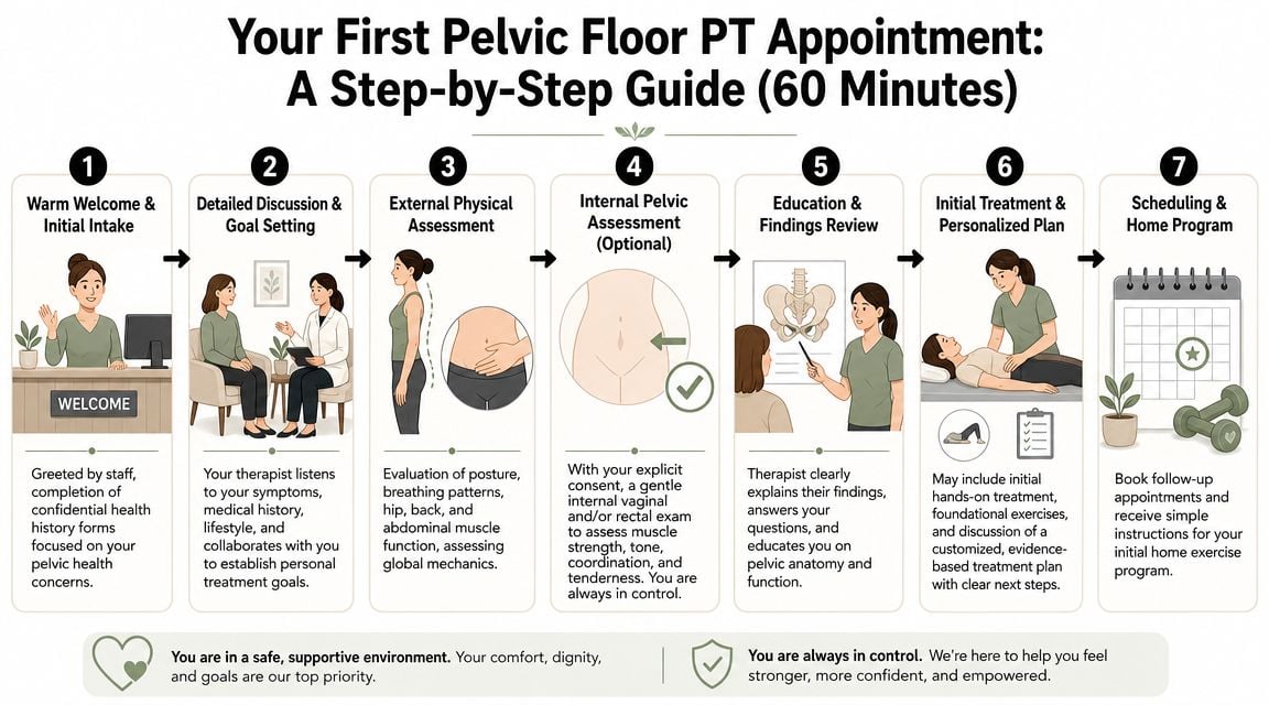 A seven-step guide illustration showing the process of an initial pelvic floor physical therapy appointment for women.