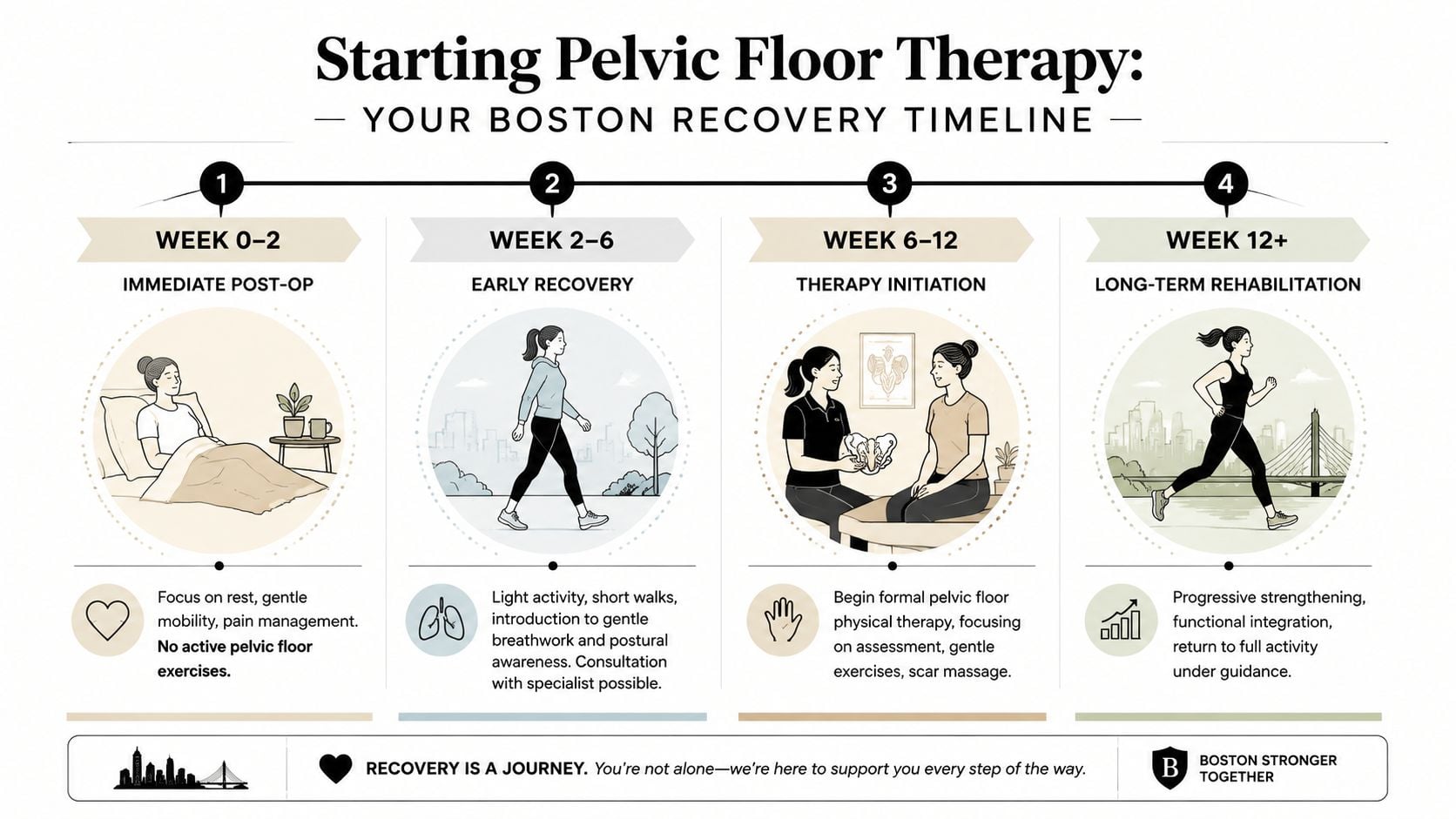 A recovery timeline infographic for pelvic floor therapy following surgery, detailing steps from rest to active rehabilitation.