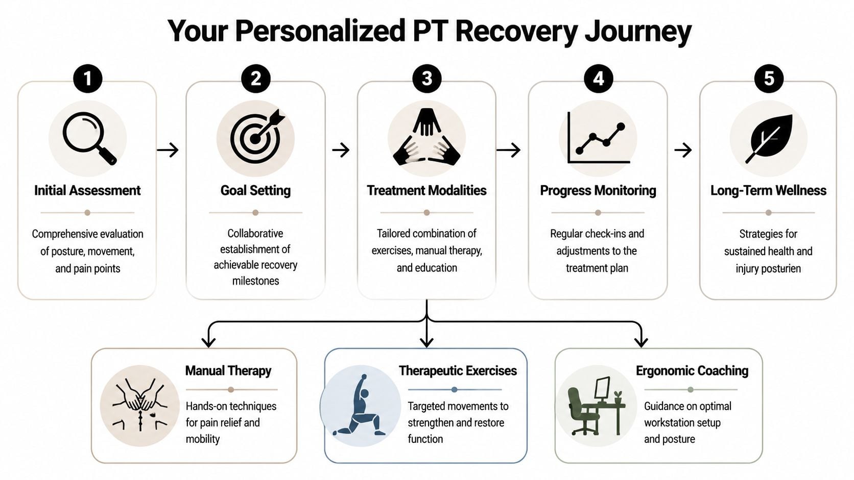 A five-step personalized physical therapy recovery journey infographic outlining assessment, goal setting, treatment, monitoring, and wellness.