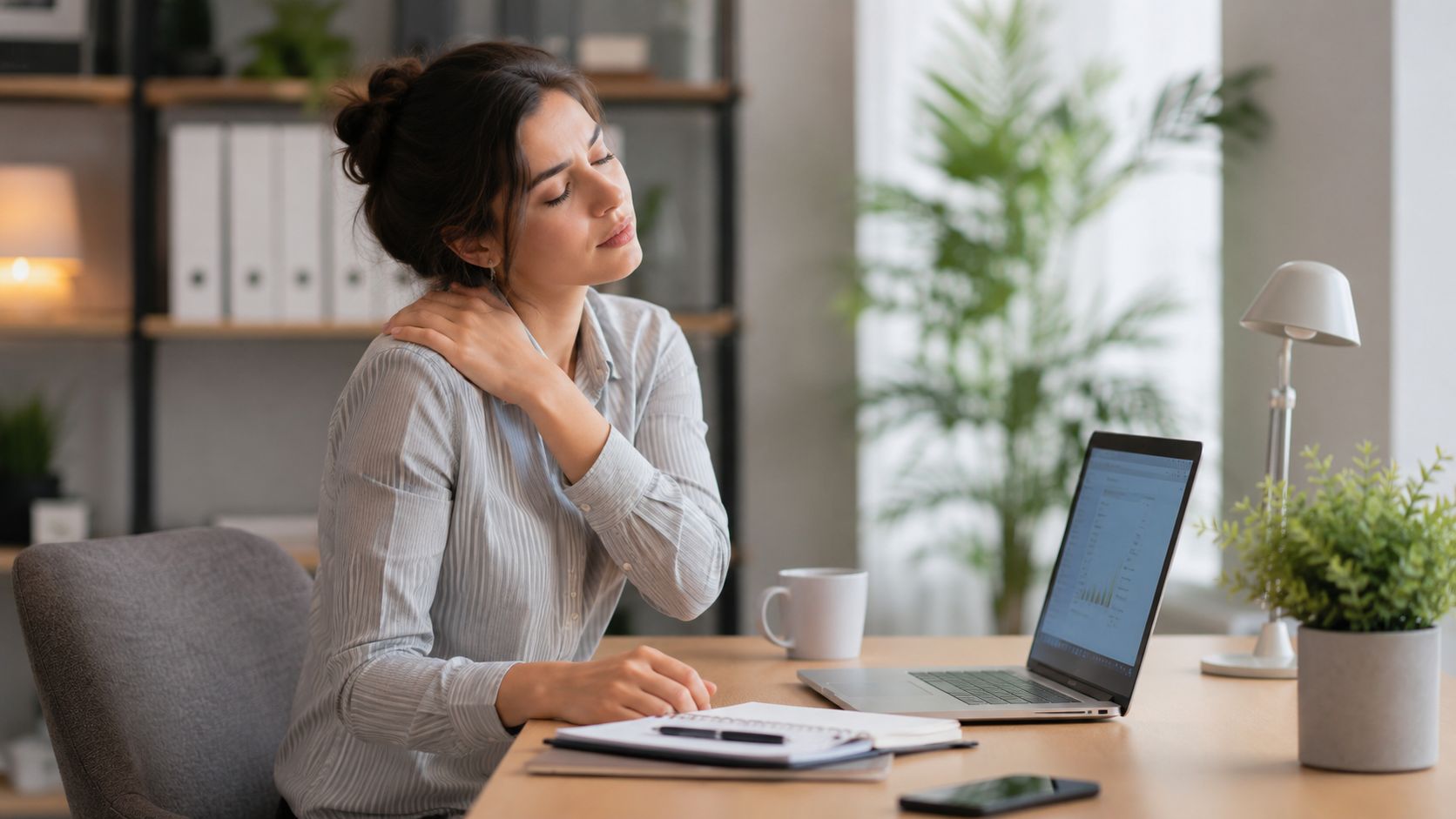 A young woman office worker experiencing neck and shoulder pain while working at her laptop.