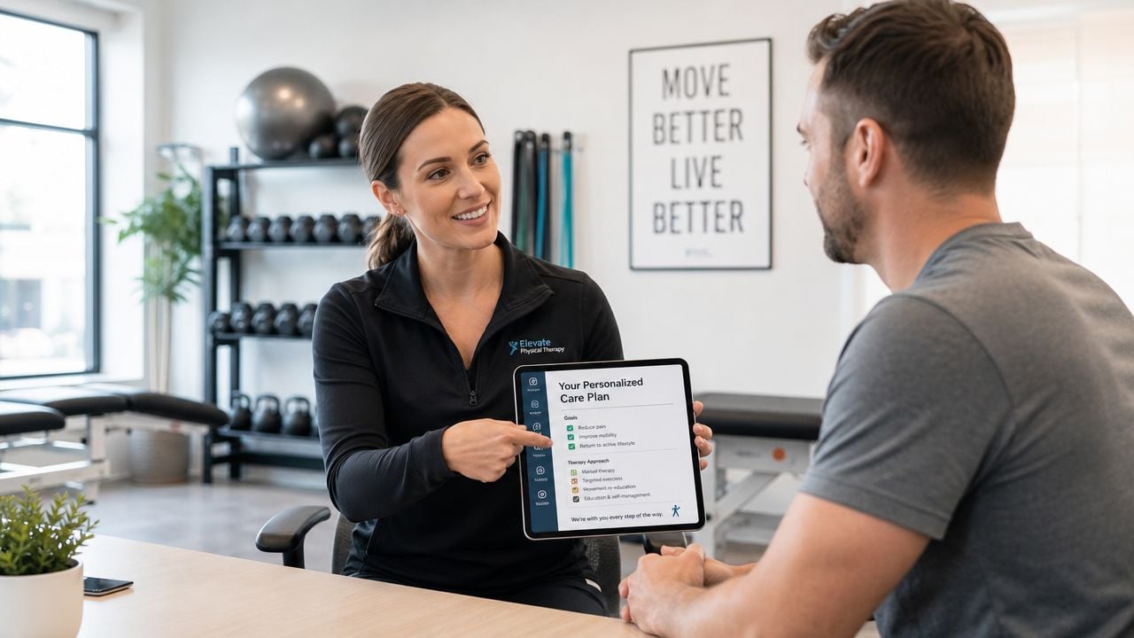 A professional physical therapist smiles while explaining a personalized care plan on a tablet to her patient.