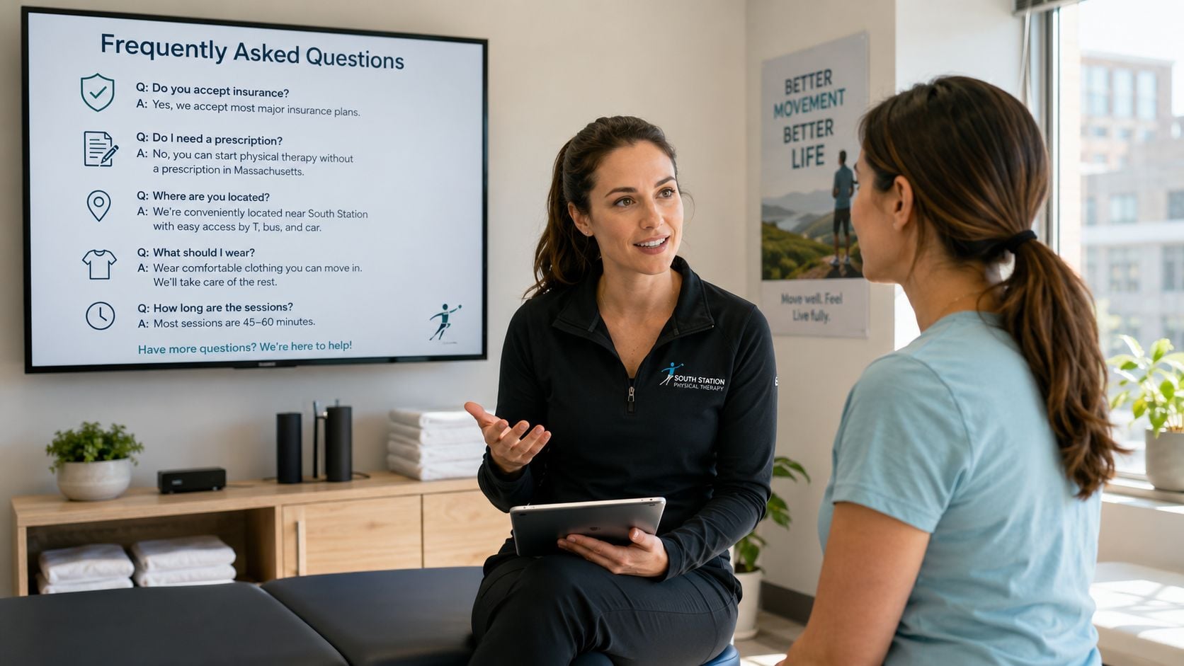 A professional physical therapist consulting with a patient in a clinic while explaining information on a screen.