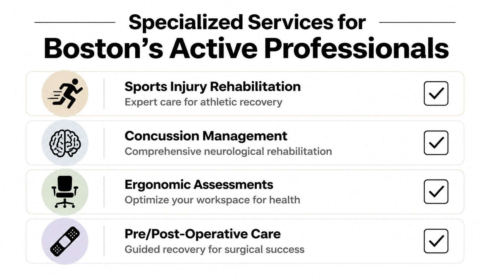 A list of specialized healthcare services including sports injury rehab, concussion management, ergonomic assessments, and post-operative care.