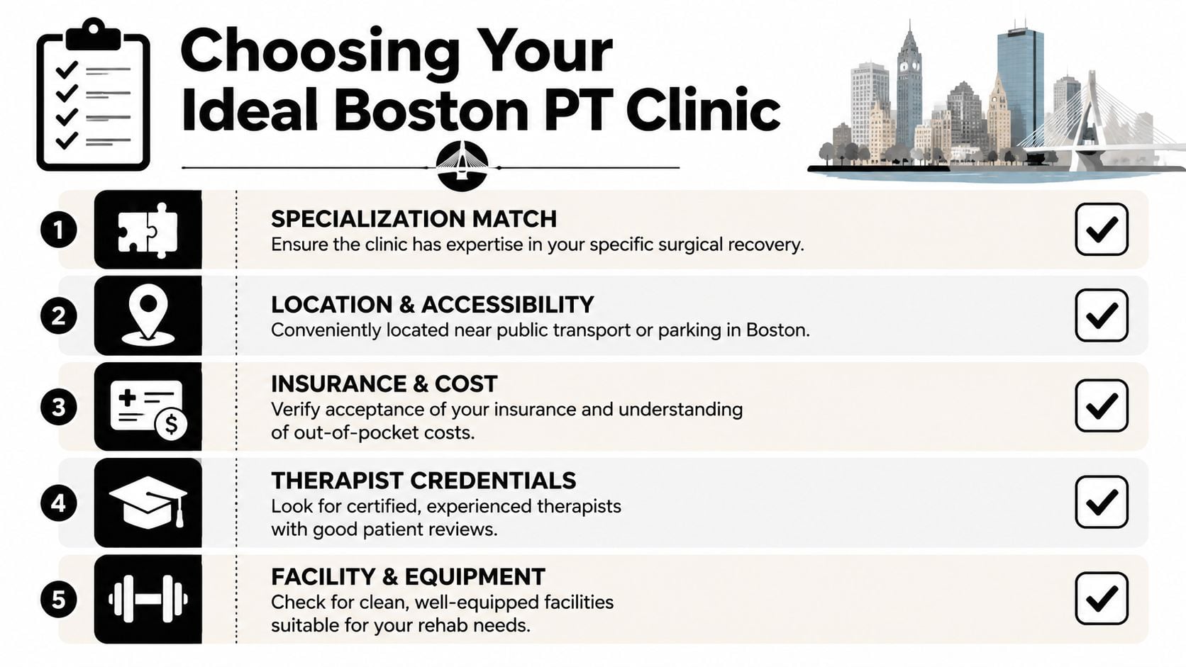 A checklist infographic titled Choosing Your Ideal Boston PT Clinic, outlining five essential factors for selecting physical therapy.