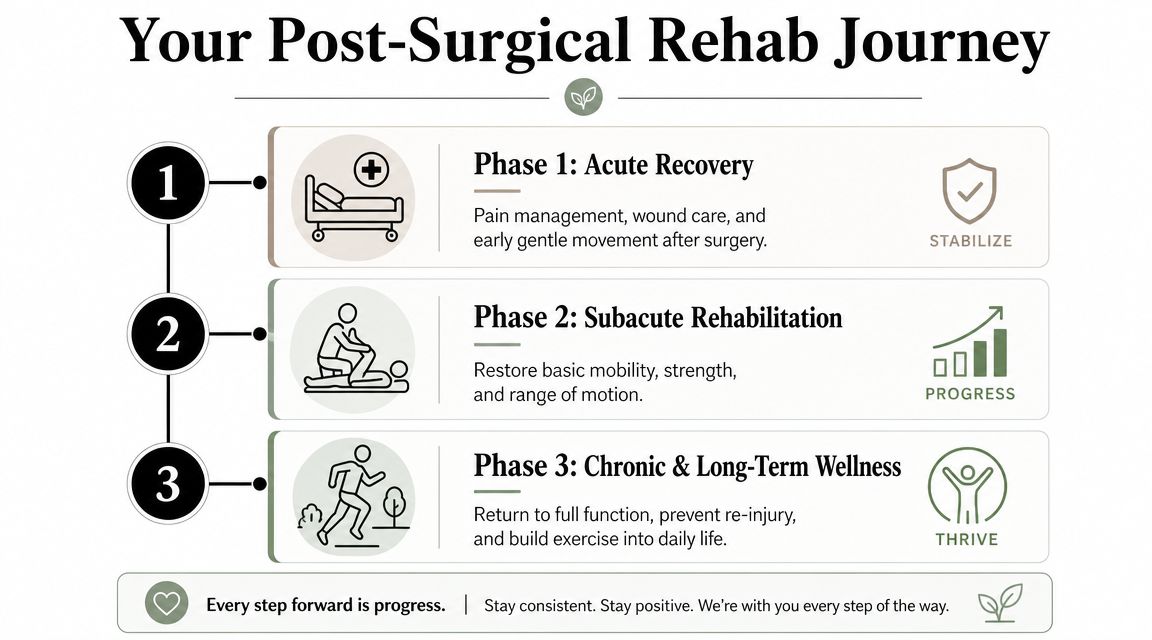 A three-phase infographic showing the journey of post-surgical rehabilitation from acute recovery to long-term wellness.