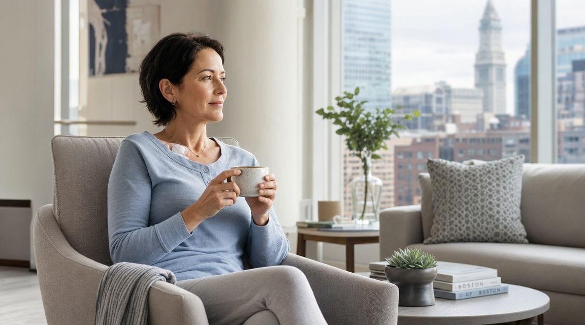 A woman relaxes in an armchair with a coffee while looking at a city view in Boston.