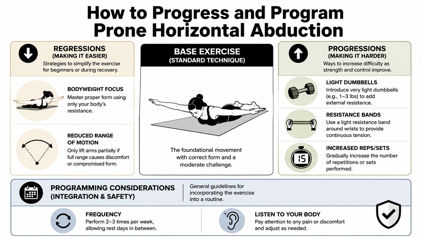 A fitness infographic detailing how to regress, perform, and progress the prone horizontal abduction exercise safely.