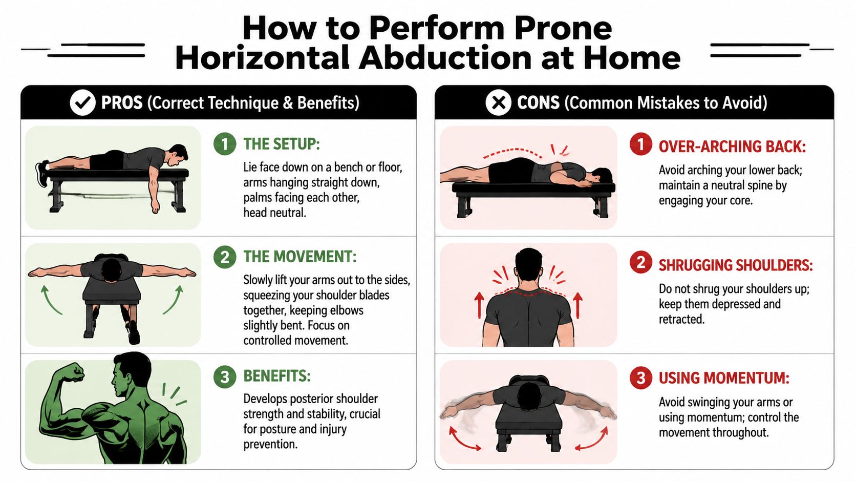 An instructional infographic detailing the correct technique and common mistakes for performing prone horizontal abduction exercises.