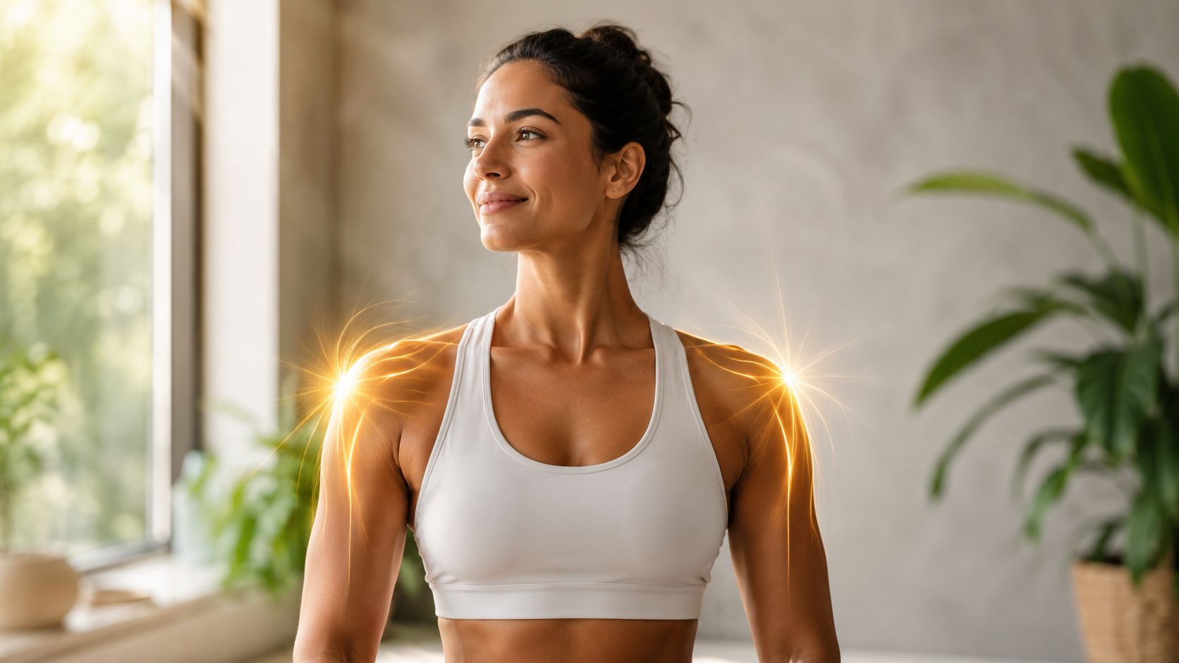 A woman in athletic wear highlighting shoulder health during prone horizontal abduction exercises in a bright room.