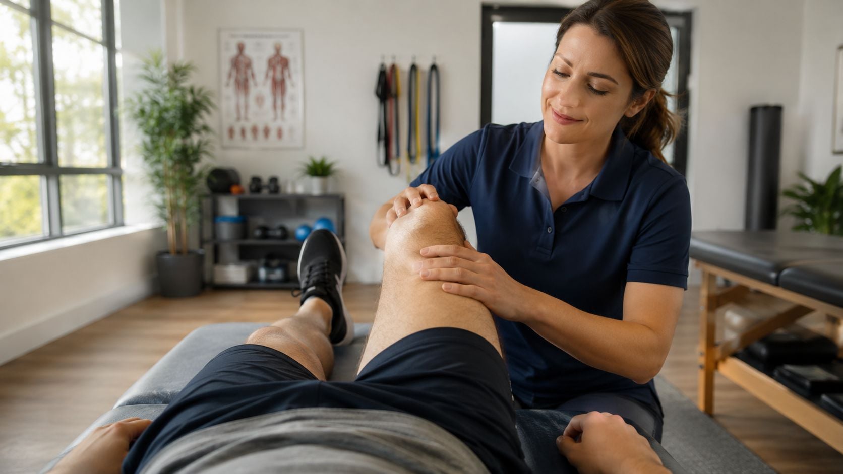 A female physical therapist performing a knee examination on a patient at a sports injury clinic.