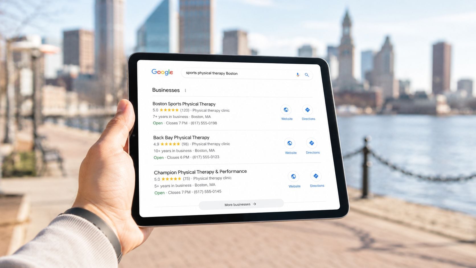 A hand holding a tablet displaying a Google search result for sports physical therapy clinics in Boston.