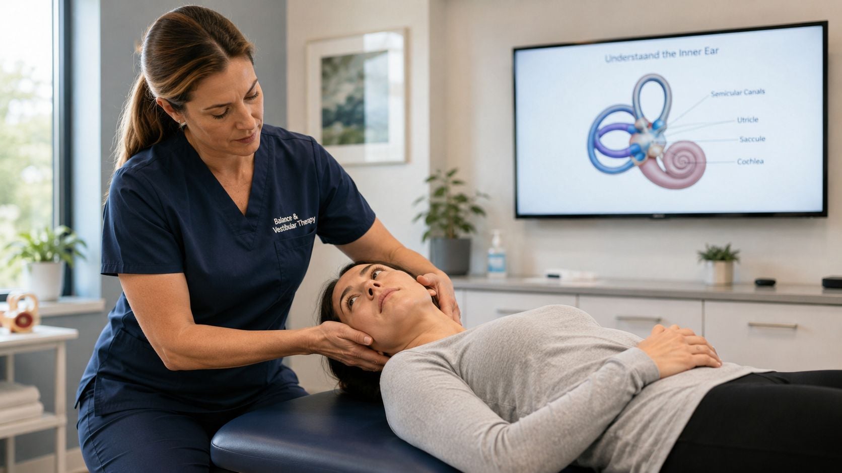 A physical therapist performs a vestibular maneuver on a patient lying on an examination table in a clinic.