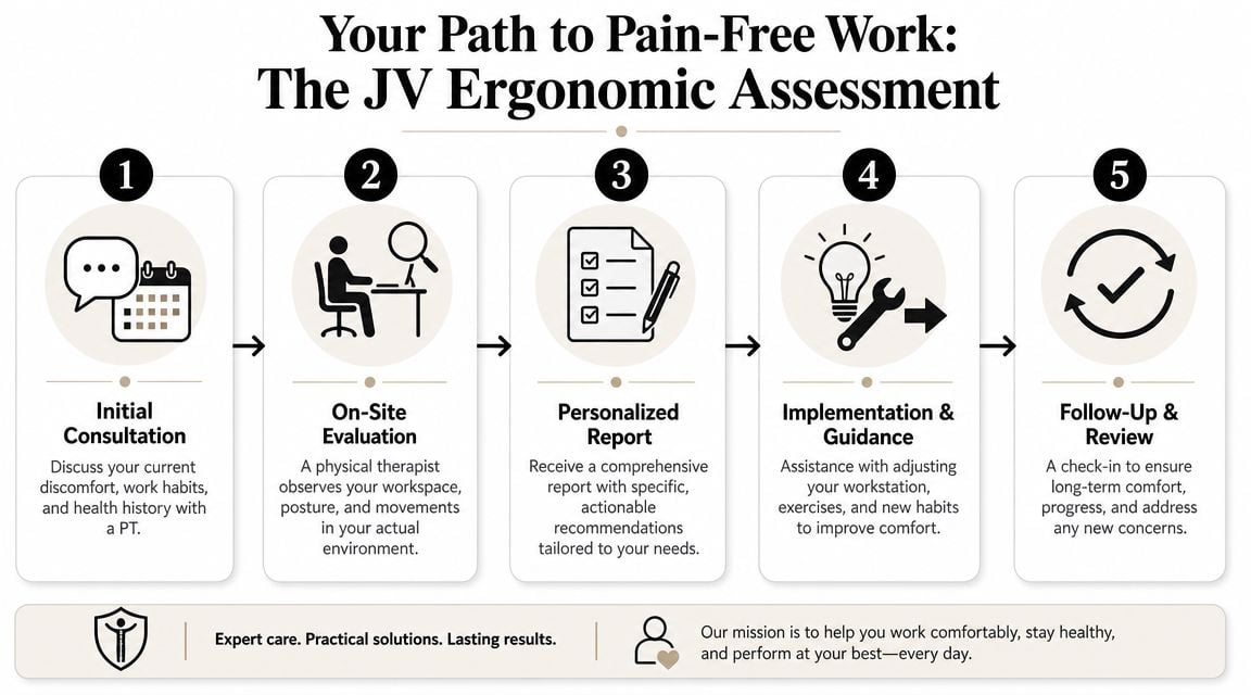 A five-step infographic showing the JV Ergonomic Assessment process for professional workplace health and comfort.