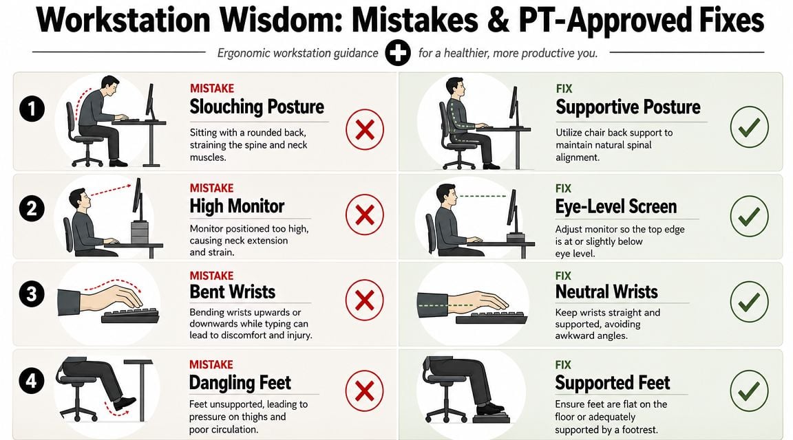 A guide illustrating common ergonomic workstation mistakes alongside recommended physical therapy-approved adjustments for better posture.
