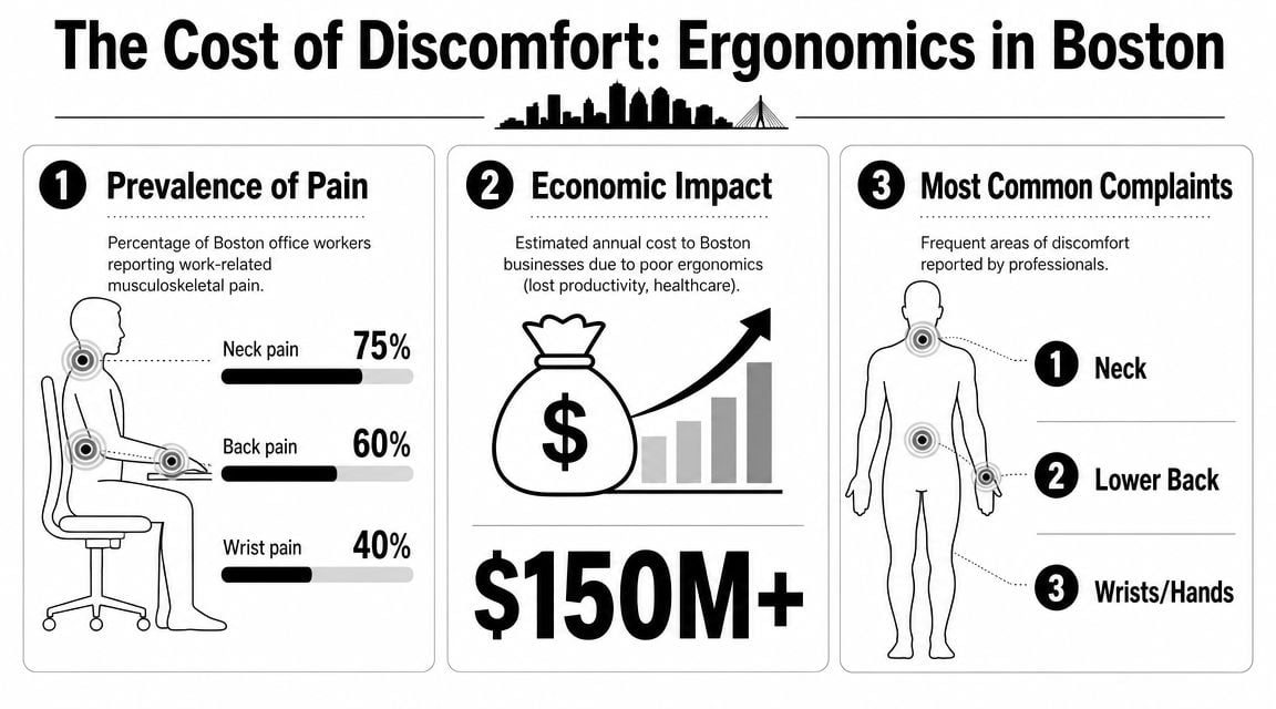 An infographic detailing the prevalence, economic cost, and common locations of work-related musculoskeletal pain in Boston.