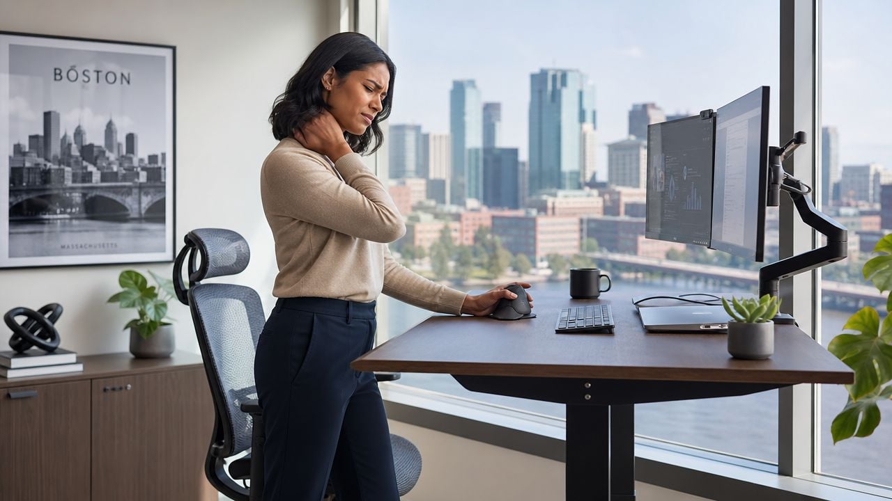 A professional woman experiencing neck pain while working at a modern standing desk in a Boston office.